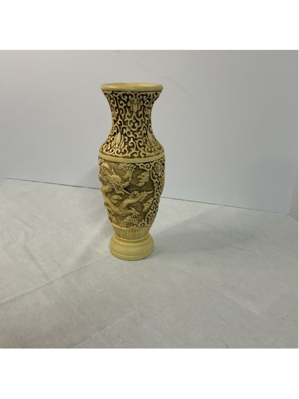 Vintage Resin Chinese Dragon Vase - faux-soapstone look 8.5in tall
